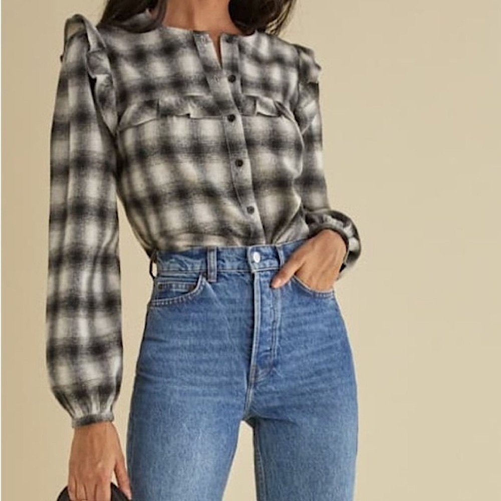 Reformation Aya Flannel, Black and Gray, Sz Small